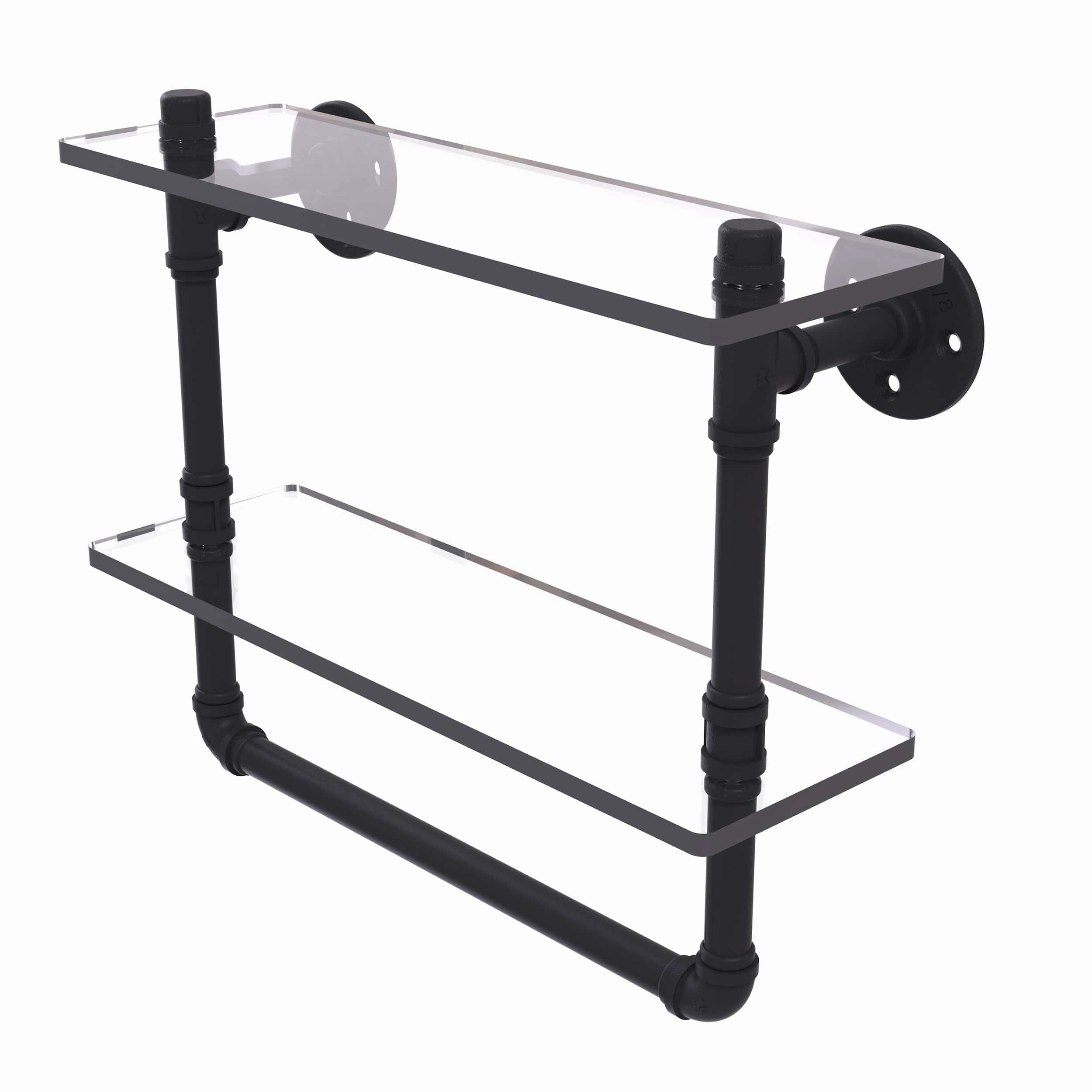 16" Double Glass Shelf with Towel Bar, Matt Black Finish