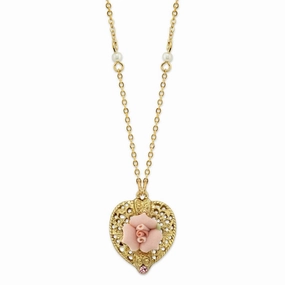 1928 Bridal Pink Crystal Heart And Pink Porcelain Rose Filigree Pendant Necklace 16"   3" Extender