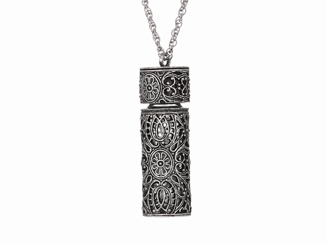 1928 Jewelry Antiqued Filigree 3.69 ML Glass Vial Pendant Necklace 30"