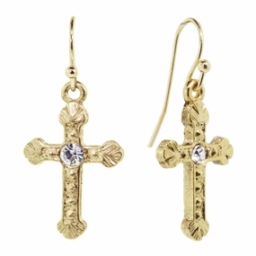 1928 Jewelry Crystal Accent Ornate Gold Tone Cross Drop Earrings