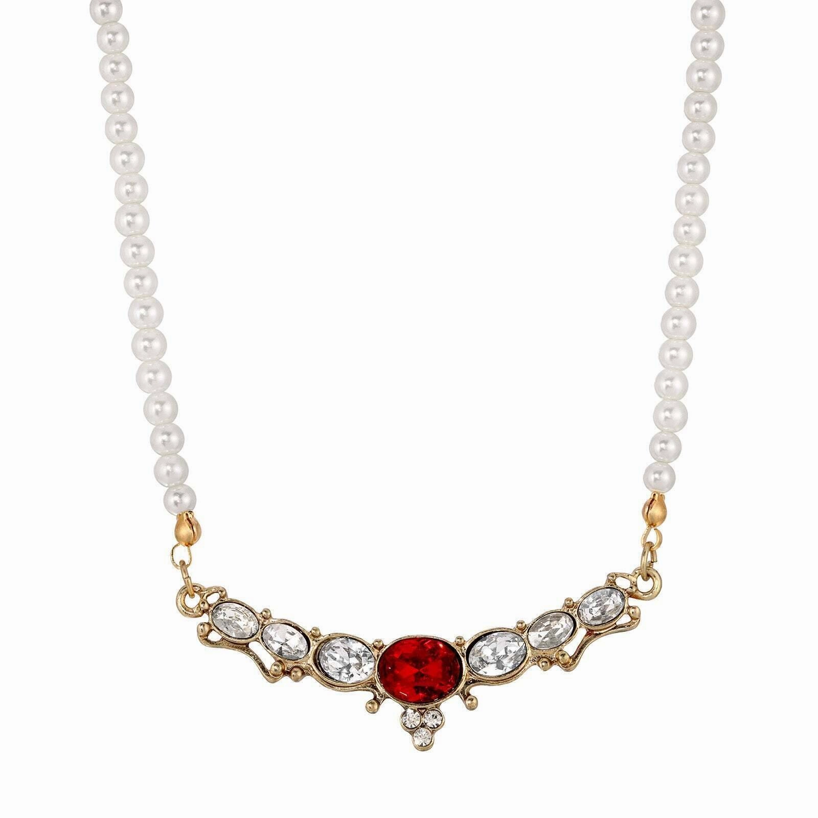 1928 Jewelry Estate 4mm Faux Pearl Strand Clear & Red Crystal Collar Necklace 16"   3" Extender