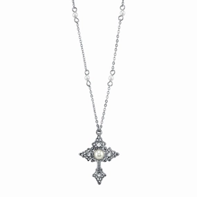 1928 Jewelry Filigree Cross With Faux Pearl Crystal Accent Pendant Necklace 16"   3" Extender