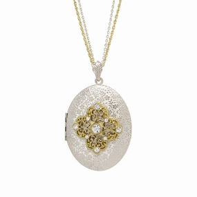 1928 Jewelry Oval Floral Filigree & Crystal Photo Locket Necklace 32"