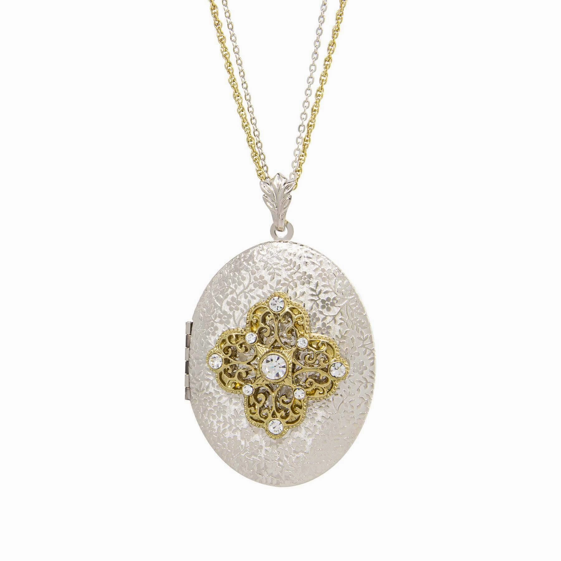 1928 Jewelry Oval Floral Filigree & Crystal Photo Locket Necklace 32"