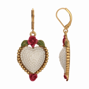 1928 Jewelry Pearly Eden Rose Enamel Heart Faux Pearl Drop Earrings