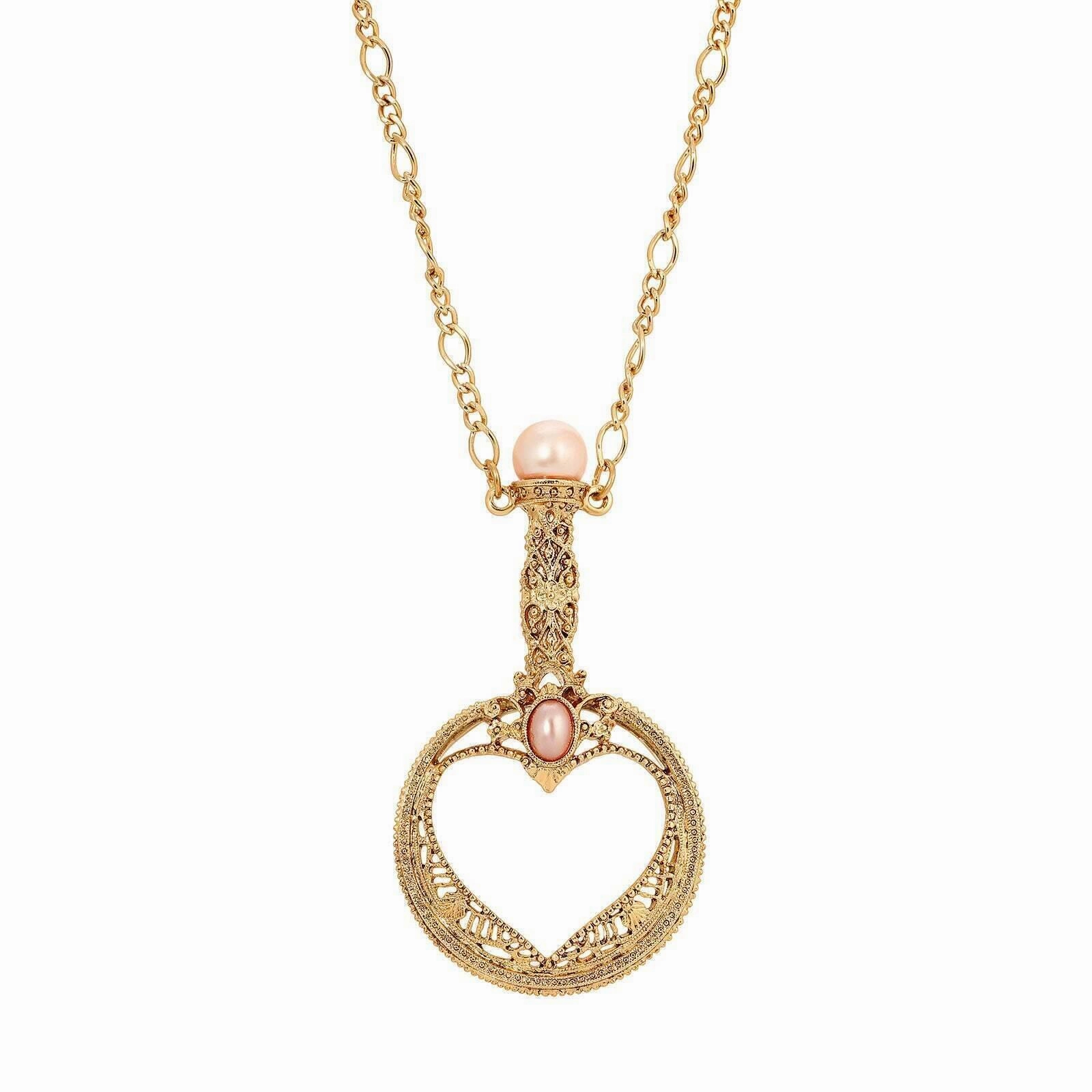 1928 Jewelry Rosabella Oval Raspberry Faux Pearl Magnifying Glass Necklace 30" - Magnification Power: 1-2X