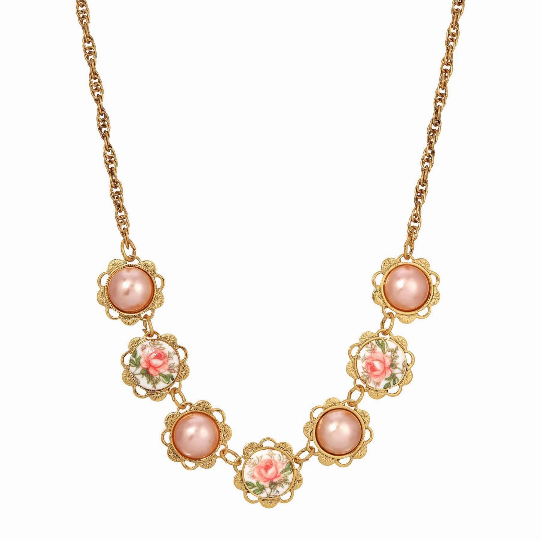 1928 Jewelry Rosabella Raspberry Faux Pearls & Garden Pink Rose Necklace 15"   3" Extension