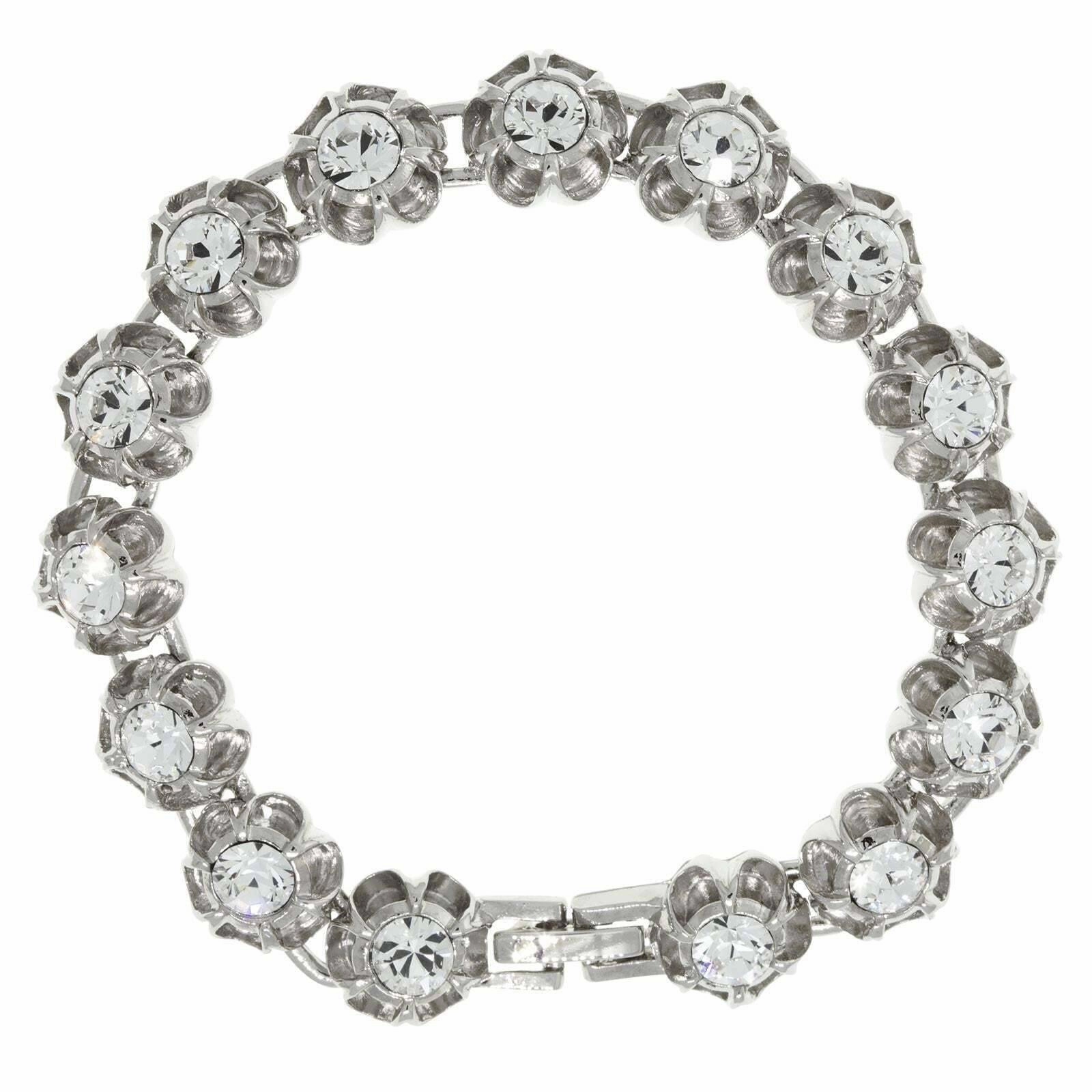 1928 Jewelry Round Brilliant Crystal Flower Clasp Bracelet. 7.25 Inch