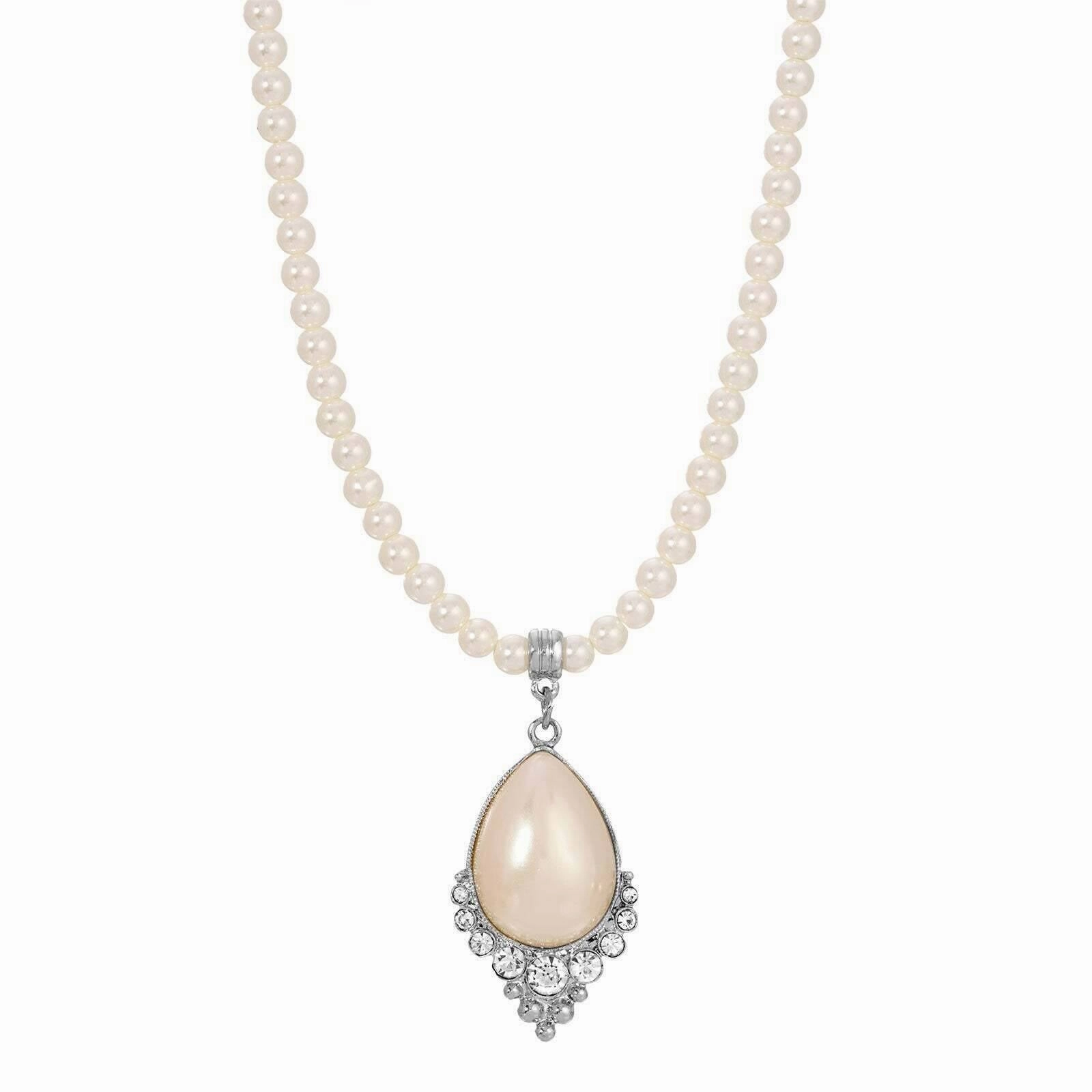 1928 Jewelry Teardrop Faux Pearl Crystal Accent 4mm Pearl Strand Pendant Necklace 16"