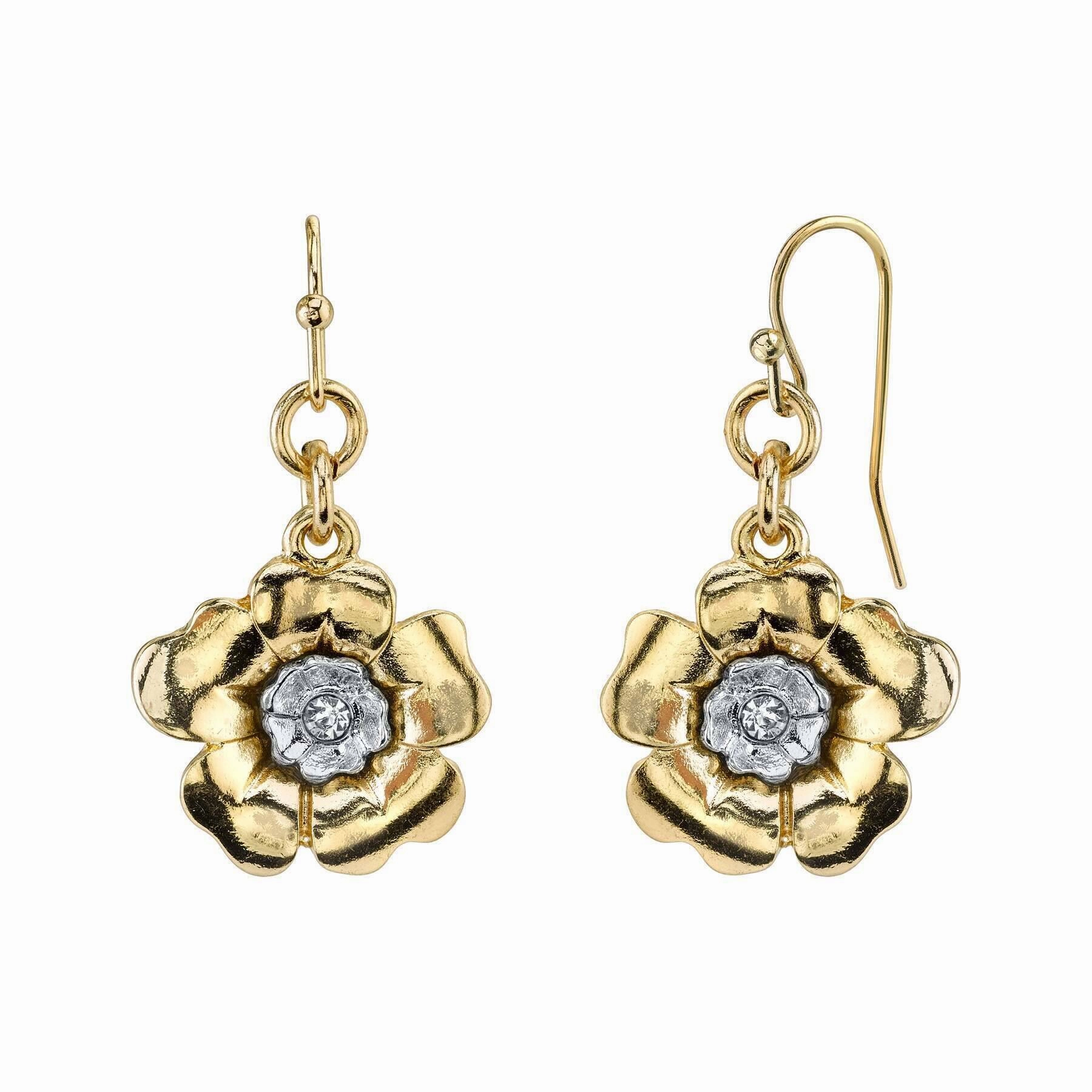 1928 Jewelry Two Tone Crystal Flower Drop Earrings