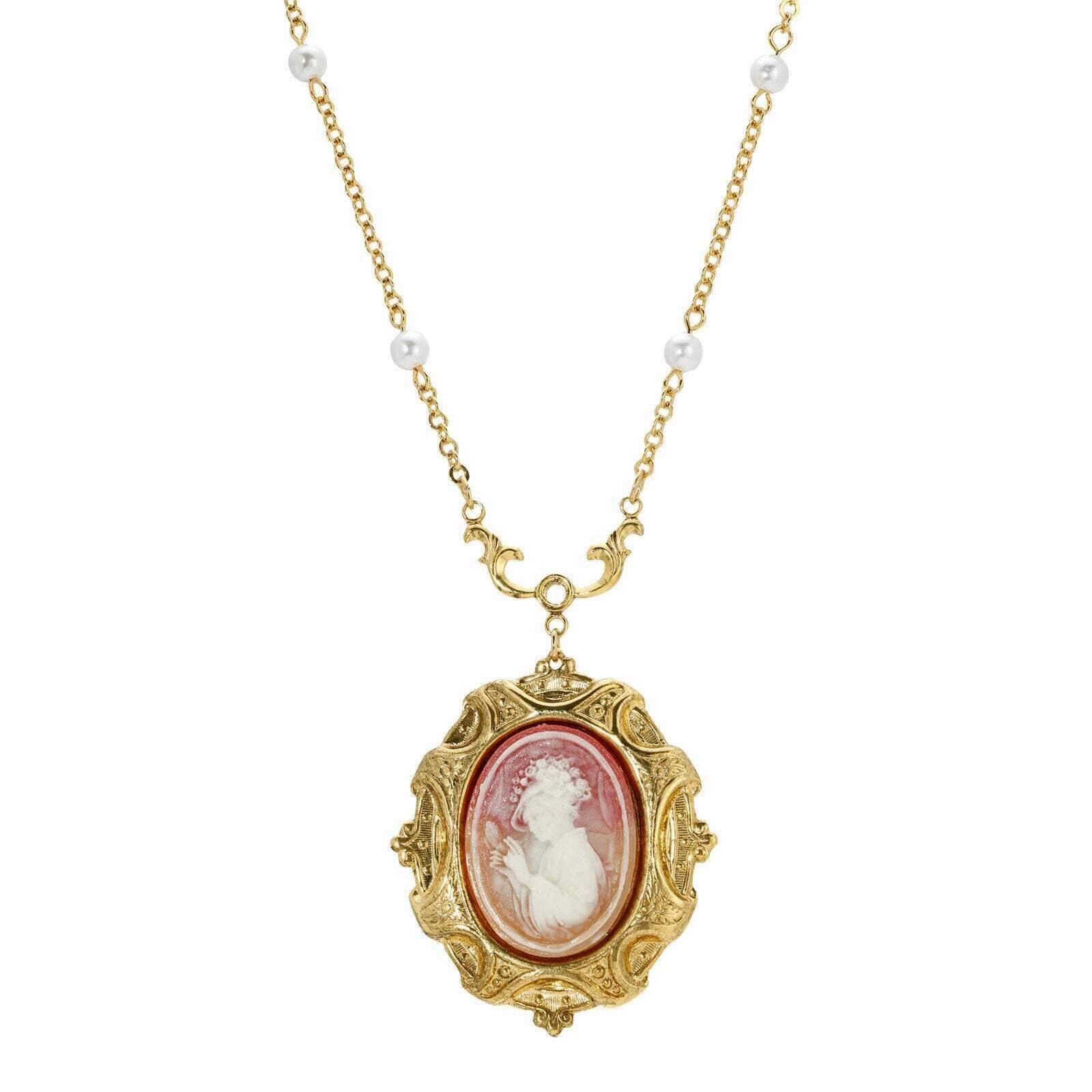 1928 Jewelry Victorian Reflections Carnelian & Ivory Cameo Pendant Faux Pearl Necklace 16"   3" Extender