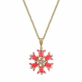 2028 Jewelry Coral Orange, Crystal And Faux Pearl Flower Pendant 30"  Necklace