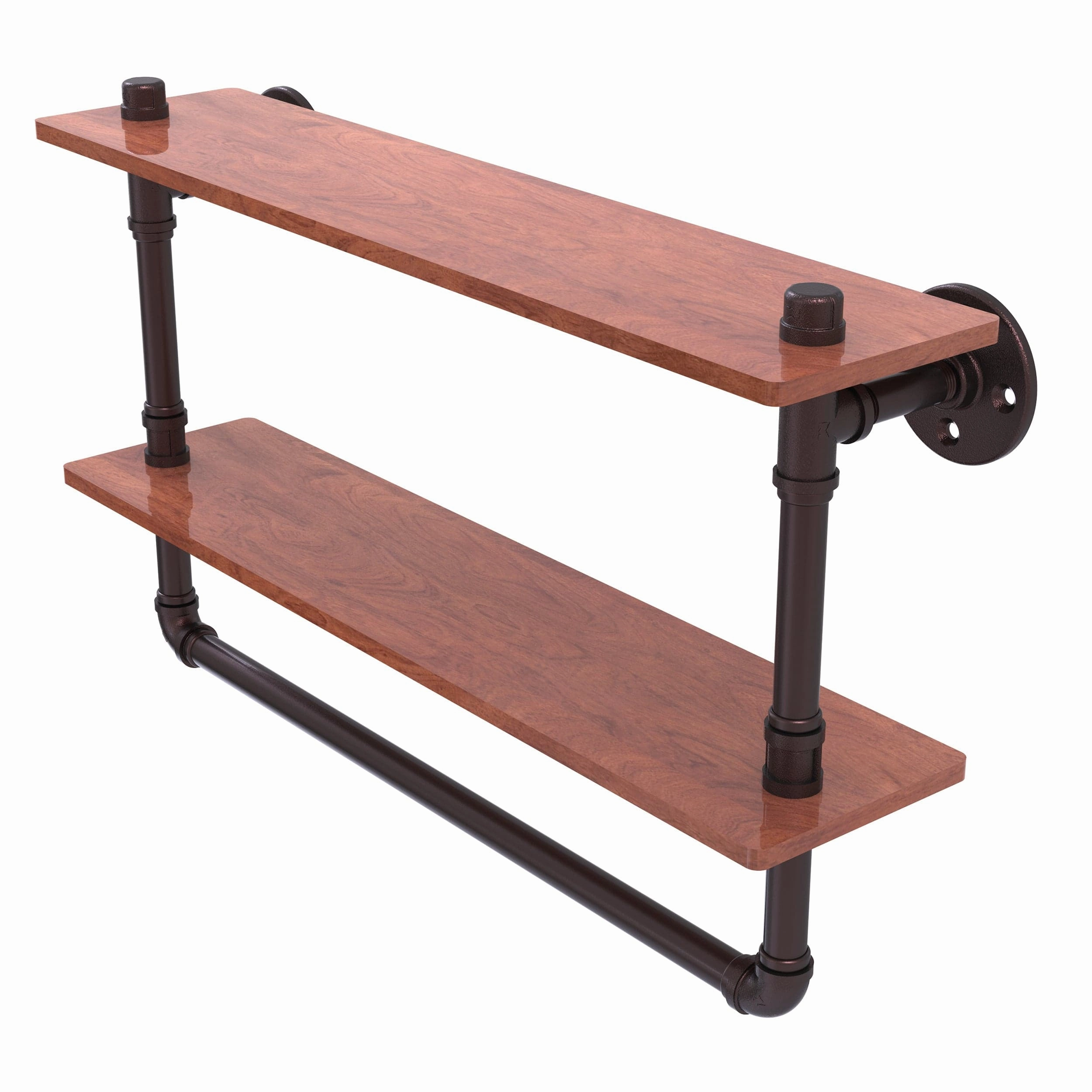 22" Double Ironwood Shelf with Towel Bar, Antique Bronze Finish