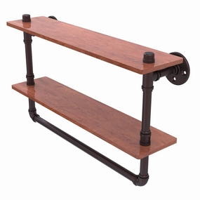 22" Double Ironwood Shelf with Towel Bar, Antique Bronze Finish