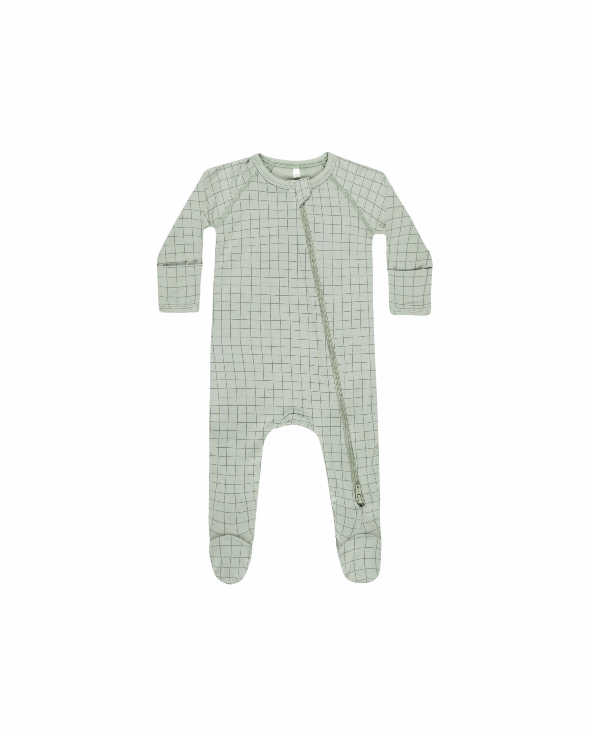 Bamboo Zip Footie - Sage Grid