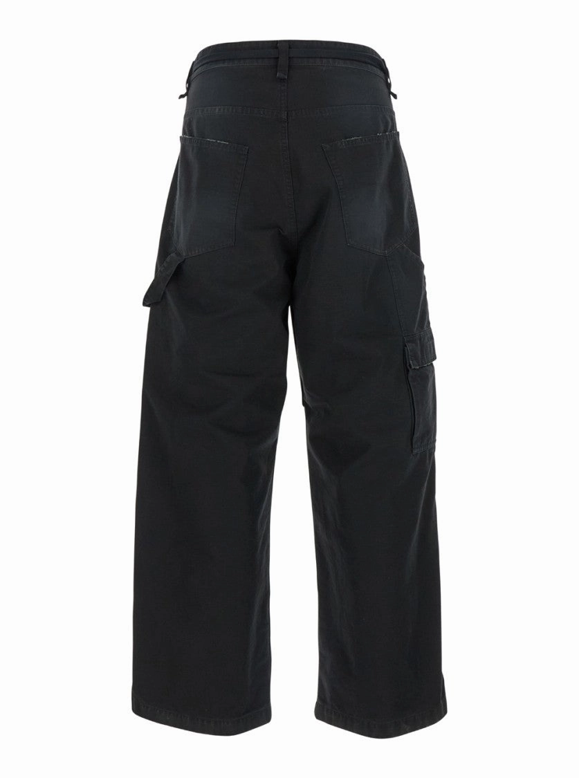 Black Cargo Pants With Drawstring In Cotton