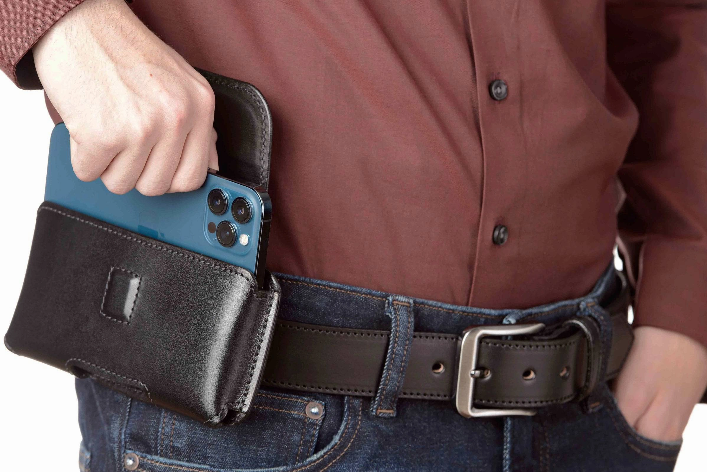 Black Deluxe Leather Horizontal Cellphone Holster Case