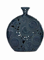 BLUE CERAMIC FLORAL VASE WITH CUT OUT PATTERNS,