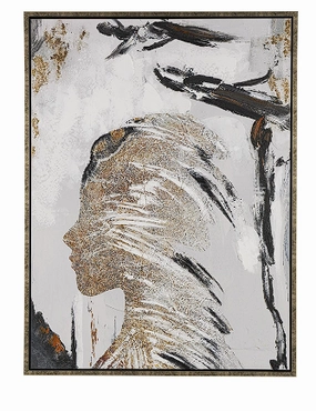 BROWN CANVAS ABSTRACT WOMEN'S PROFILE FRAMED WALL ART WITH GOLD FOIL DETAILS AND BLACK ACCENTS, 36" X 2" X 47"