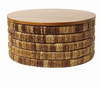 BROWN SEAGRASS HANDMADE LINEAR WRAPPED COFFEE TABLE WITH TEAK WOOD TOP, 33" X 33" X 16"