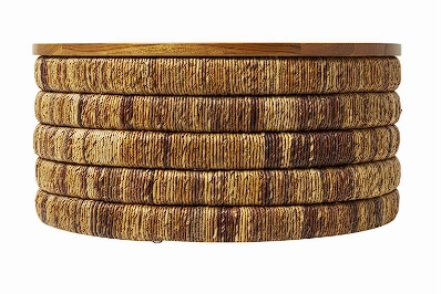 BROWN SEAGRASS HANDMADE LINEAR WRAPPED COFFEE TABLE WITH TEAK WOOD TOP, 33" X 33" X 16"