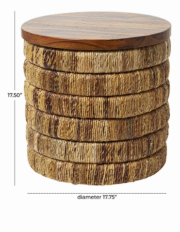 BROWN SEAGRASS HANDMADE LINEAR WRAPPED COFFEE TABLE WITH TEAK WOOD TOP, 33" X 33" X 16"