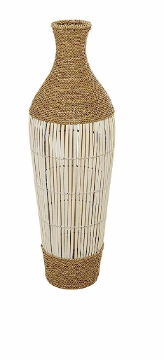 BROWN SEAGRASS HANDMADE WRAPPED TALL FLOOR VASE WITH OPEN FRAMED CREAM BAMBOO CENTER, 13" X 13" X 40"