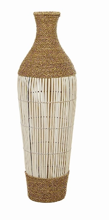 BROWN SEAGRASS HANDMADE WRAPPED TALL FLOOR VASE WITH OPEN FRAMED CREAM BAMBOO CENTER, 13" X 13" X 40"