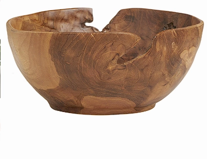 BROWN TEAK WOOD HANDMADE DECORATIVE BOWL WITH NATURAL GROOVES, 11" X 11" X 5"