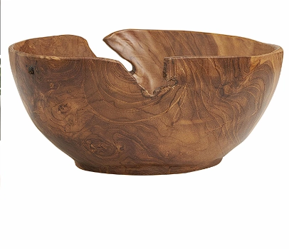 BROWN TEAK WOOD HANDMADE DECORATIVE BOWL WITH NATURAL GROOVES, 11" X 11" X 5"