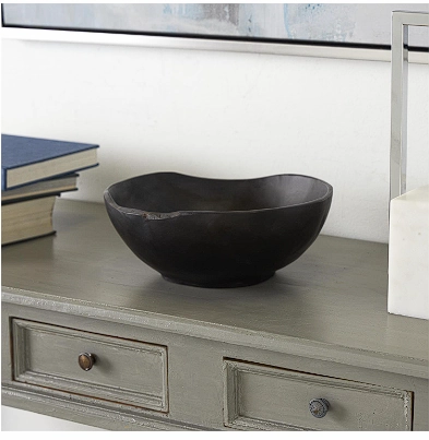 BROWN TEAK WOOD HANDMADE DECORATIVE BOWL WITH NATURAL GROOVES, 11" X 11" X 5"