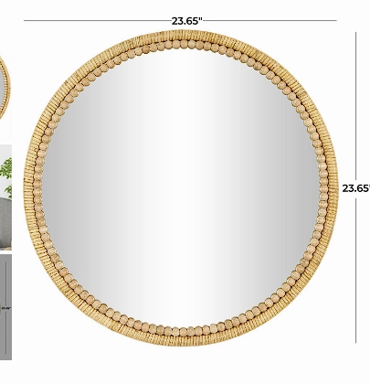 BROWN WOOD WRAPPED WALL MIRROR WITH BEADED FRAME, 24" X 1" X 24"