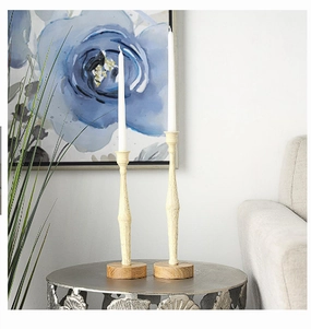CREAM METAL TEXTURED TAPERED CANDLE HOLDER WITH BROWN WOOD BASES, SET OF 2 13", 11"H