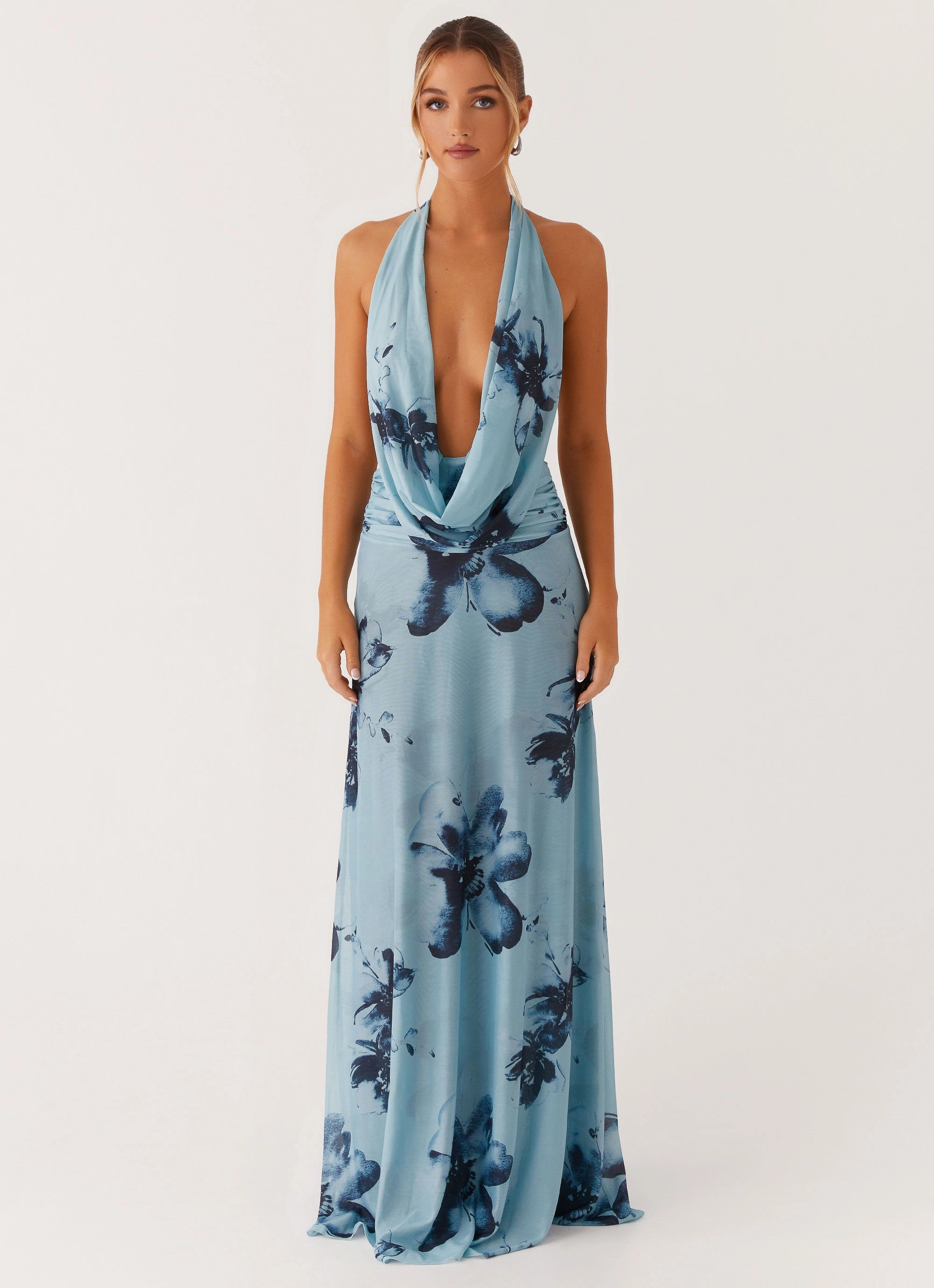 Elysia Mesh Maxi Dress - Blue Black Floral
