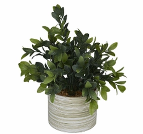 GREEN FAUX FOLIAGE EUCALYPTUS ARTIFICIAL PLANT WITH PATTERNED PORCELAIN POT, 9" X 9" X 11"