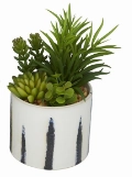 GREEN FAUX FOLIAGE SUCCULENTS ARTIFICIAL PLANT WITH PATTERNED PORCELAIN POT, SET OF 2 9", 7"H