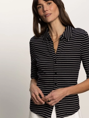 Half Sleeve Ribbed Knit Shirt Black Chalk Stripe