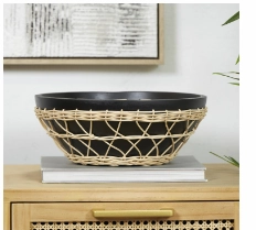 MANGO WOOD HANDMADE DECORATIVE BOWL WITH WOVEN ROPE ACCENTS, 12" X 12" X 5"