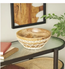 MANGO WOOD HANDMADE DECORATIVE BOWL WITH WOVEN ROPE ACCENTS, 12" X 12" X 5"