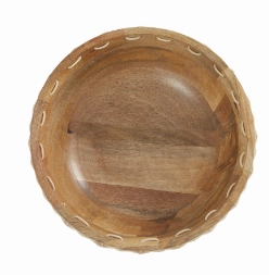 MANGO WOOD HANDMADE DECORATIVE BOWL WITH WOVEN ROPE ACCENTS, 12" X 12" X 5"