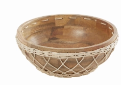 MANGO WOOD HANDMADE DECORATIVE BOWL WITH WOVEN ROPE ACCENTS, 12" X 12" X 5"