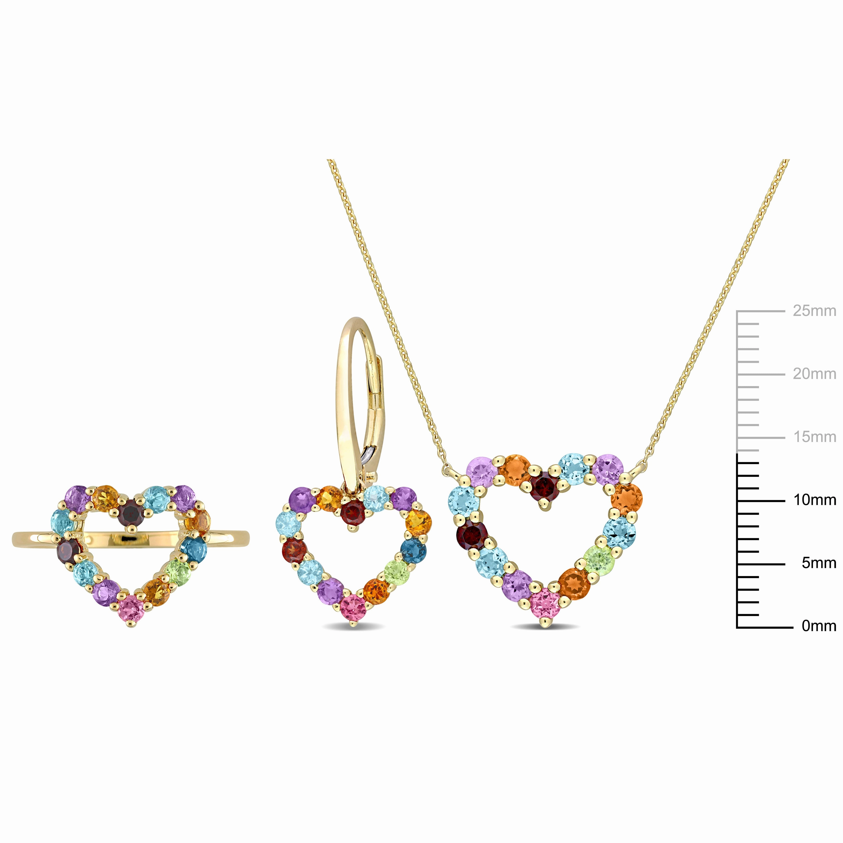 Mimi & Max 2 3/4ct TGW Multi-Color Gemstone Heart Earrings Necklace Ring Set 10k Yellow Gold