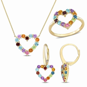Mimi & Max 2 3/4ct TGW Multi-Color Gemstone Heart Earrings Necklace Ring Set 10k Yellow Gold