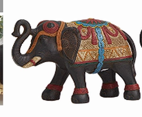 MULTI COLORED POLYSTONE ELEPHANT DECORATED SCULPTURE WITH INTRICATE CARVINGS AND FLORAL DESIGNS,