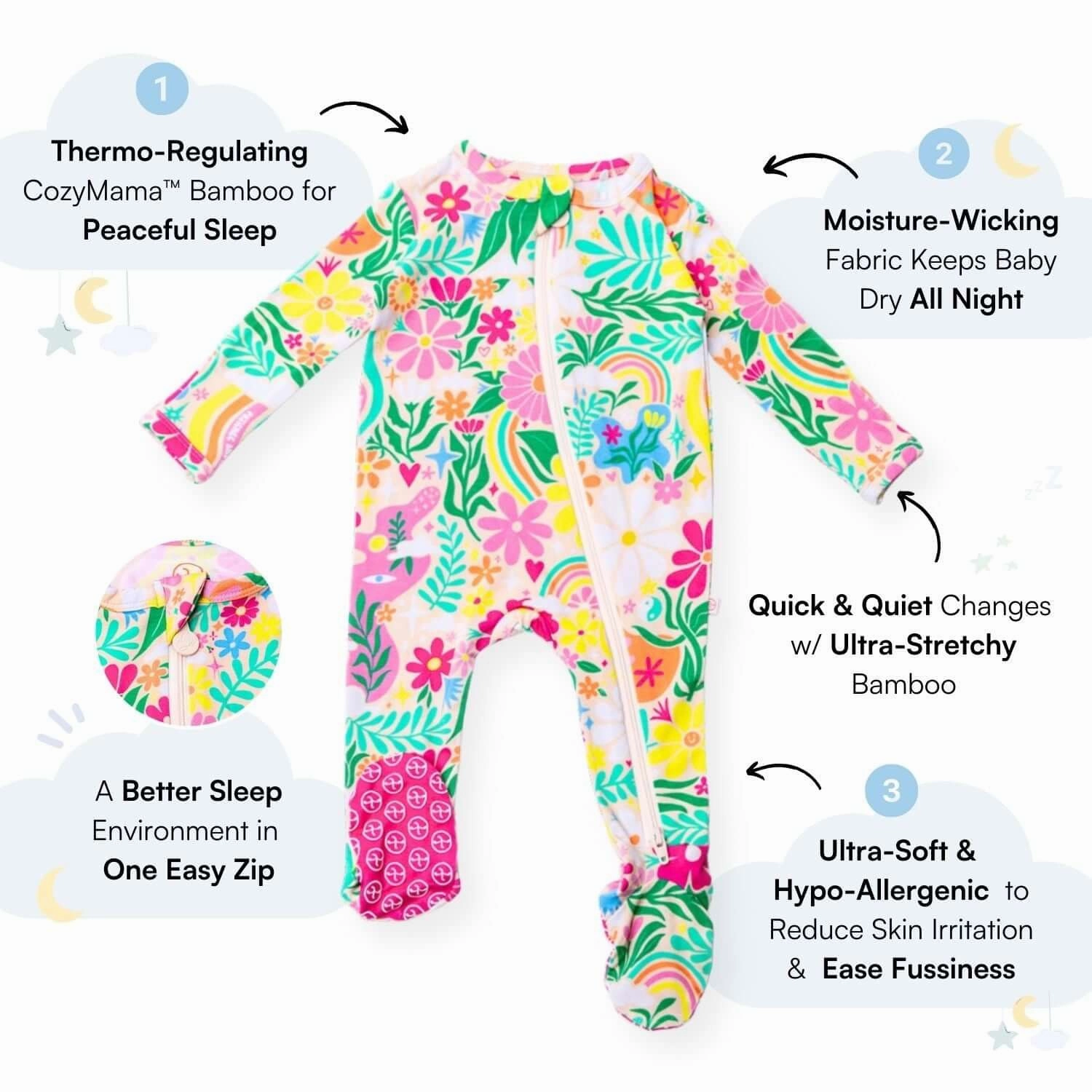 Rainbow Daisy Babe | Bamboo Footie Onesie Sleeper | "Patience & Kindness"