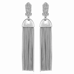Silvertone Pave Tassel Drop Clip On Earrings