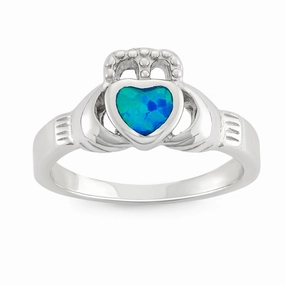 Sterling Silver CZ Crown with Opal Heart Claddagh Ring - W-9563