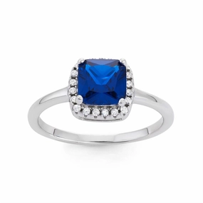 Sterling Silver Square Dark Blue CZ with Clear CZ Ring - W-1531