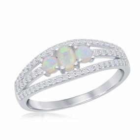 Sterling Silver Three-Stone White Opal CZ Band Ring - W-2108