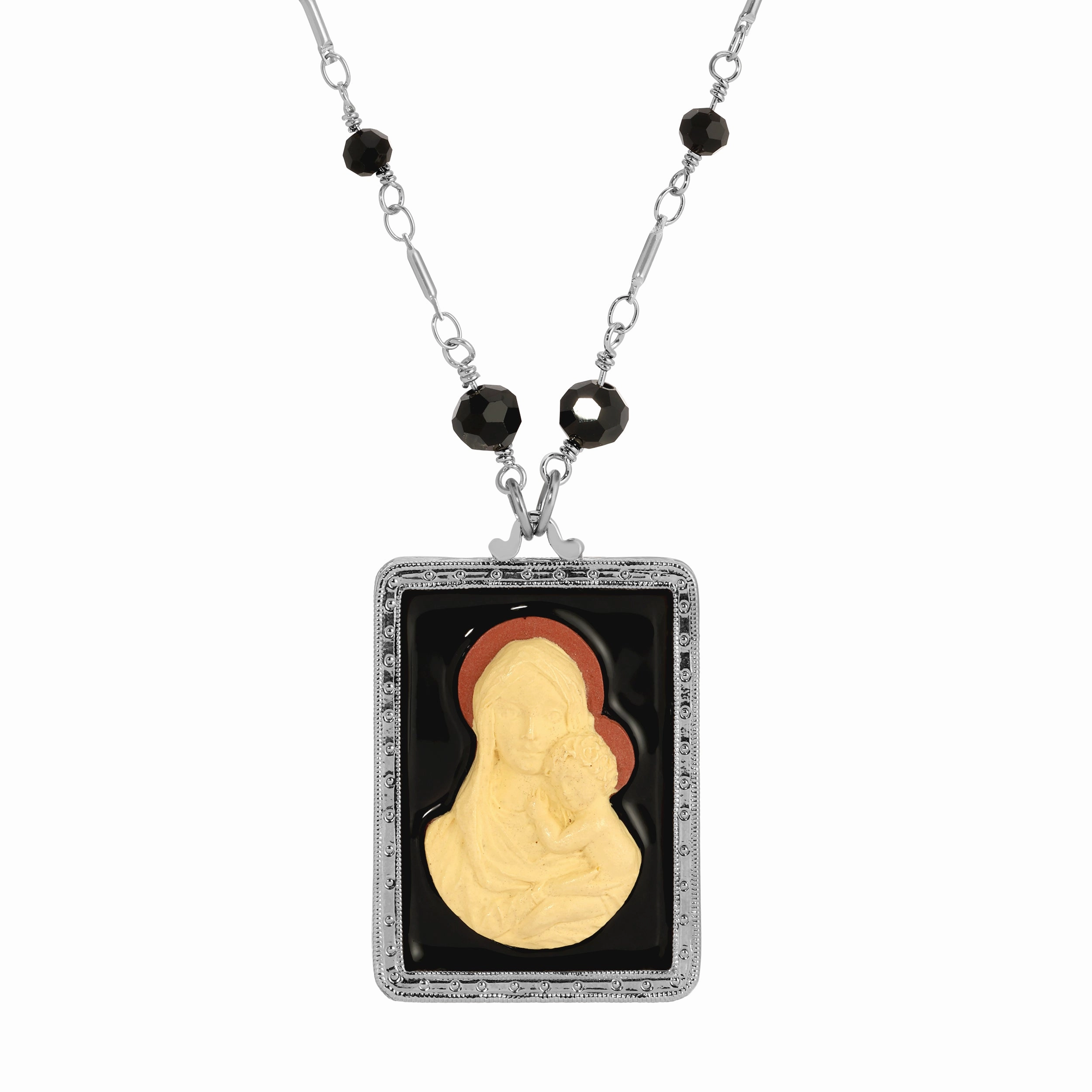 Symbols Of Faith Rectangular Madonna And Child Cameo Black Enamel Pendant Necklace 30"
